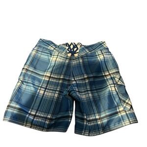 Timberland Men’s Blue Plaid Cargo Swim Trunks Sz 32 Mesh Lining Drawstring NEW
